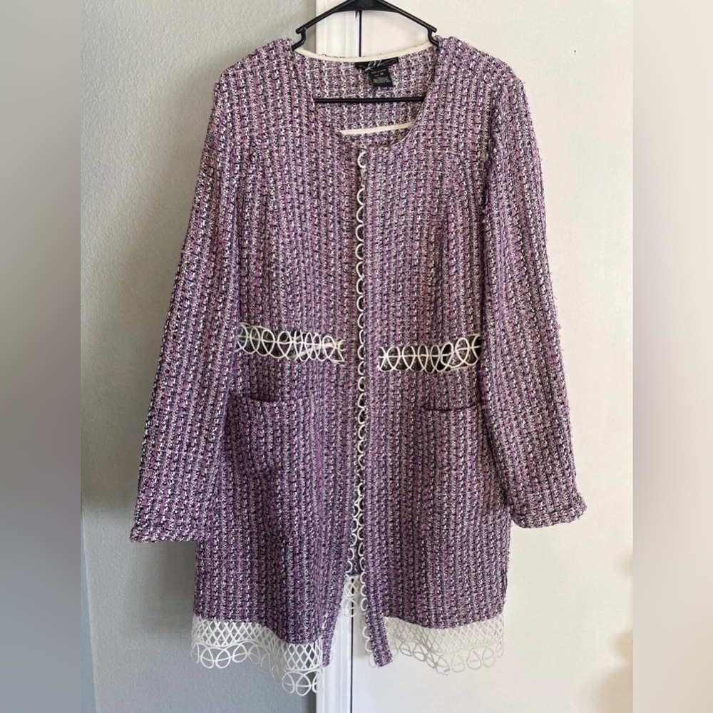 Midnight Velvet Womens 1X Purple White open front long sleeved Coat Jacket
